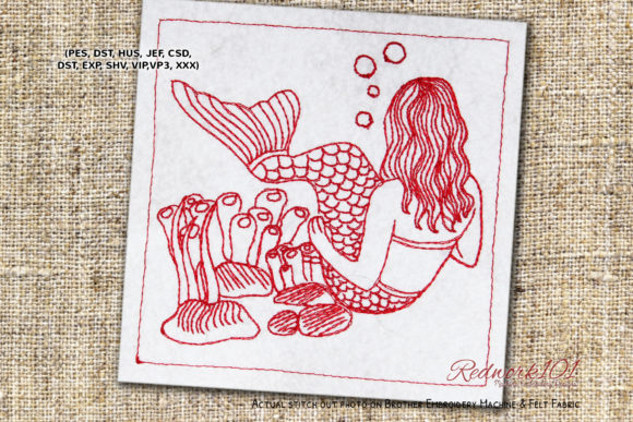Cute Mermaid Underwater Scene Redwork