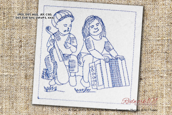 Musicians on Street Redwork Embroidery